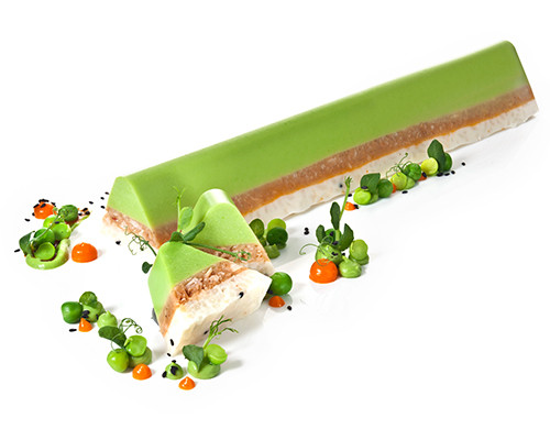 Terrine von Kokosreis, Pulled Turkey und Erbsen